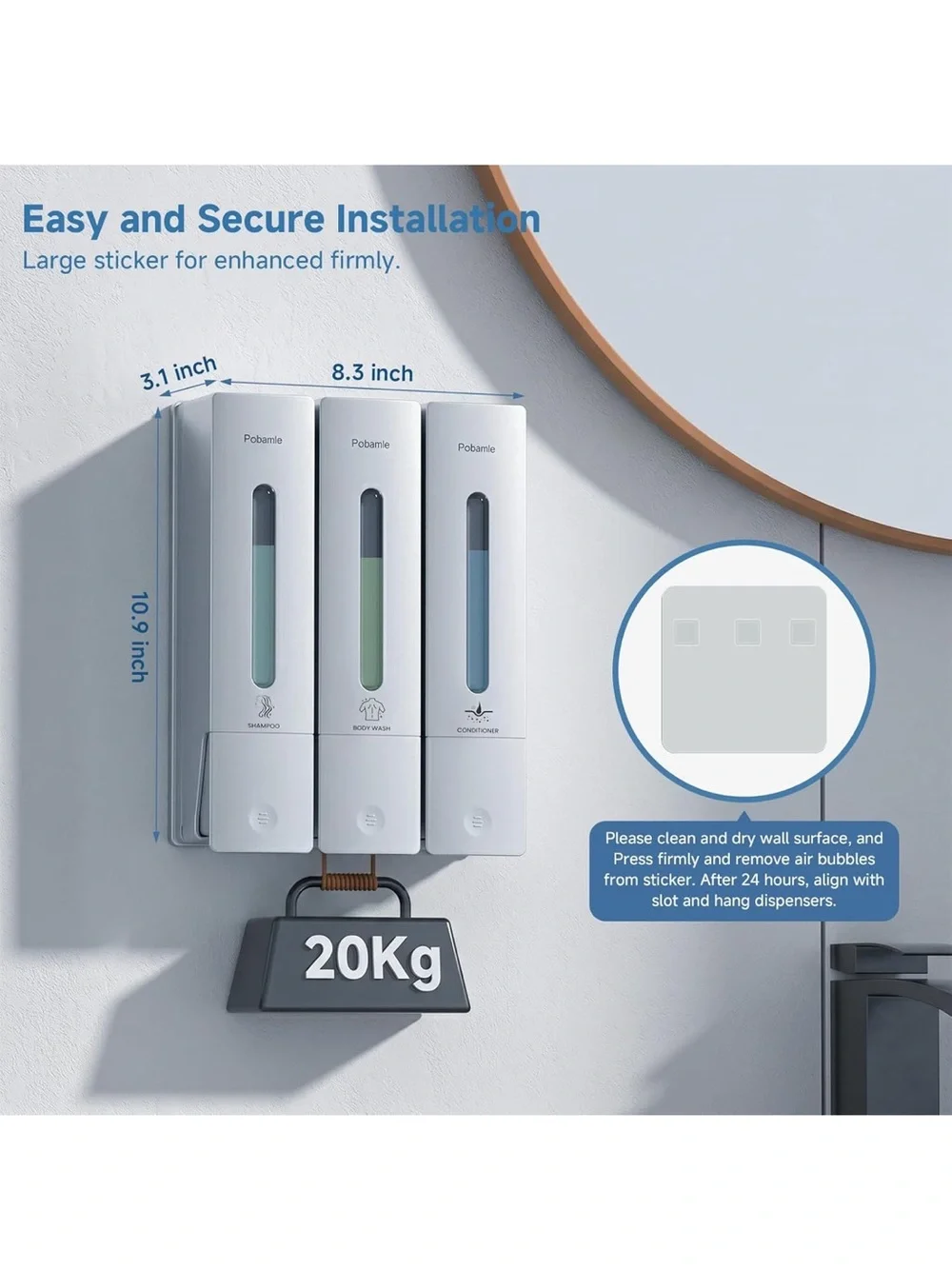 Shampoo and conditioner dispenser - shower soap dispenser wall mounted no drill